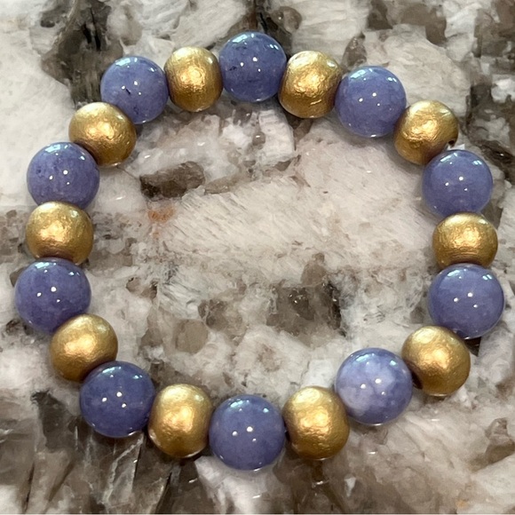 Hand Crafted Purple Chalcedony & Gold Wooden Beaded Bracelet by Sky & Seashells - Picture 3 of 3